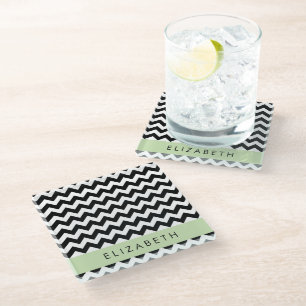 Black and White Zigzag, Chevron Pattern, Your Name Glass Coaster