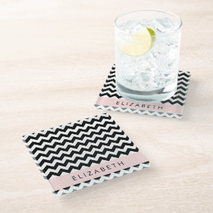 Black and White Zigzag, Chevron Pattern, Your Name Glass Coaster