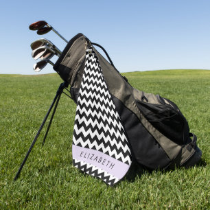 Black and White Zigzag, Chevron Pattern, Your Name Golf Towel