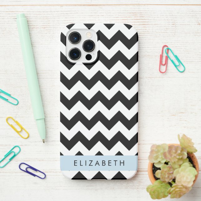 Black and White Zigzag, Chevron Pattern, Your Name iPhone Case (On Desk)