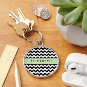 Black and White Zigzag, Chevron Pattern, Your Name Key Ring