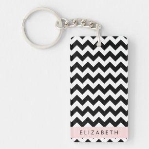 Black and White Zigzag, Chevron Pattern, Your Name Key Ring