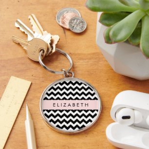 Black and White Zigzag, Chevron Pattern, Your Name Key Ring