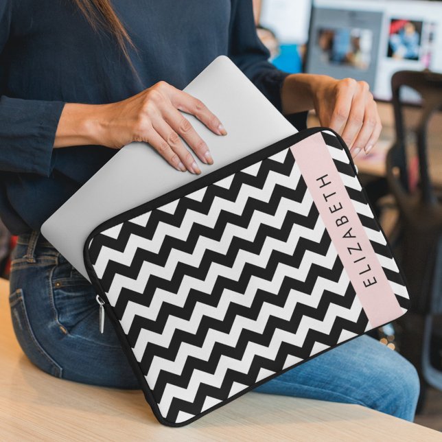Black and White Zigzag, Chevron Pattern, Your Name Laptop Sleeve (Creator Uploaded)