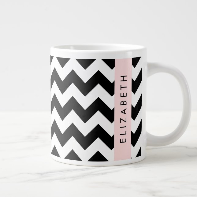 Black and White Zigzag, Chevron Pattern, Your Name Large Coffee Mug (Right)