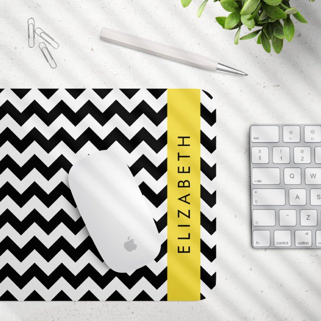 Black and White Zigzag, Chevron Pattern, Your Name Mouse Mat (Creator Uploaded)