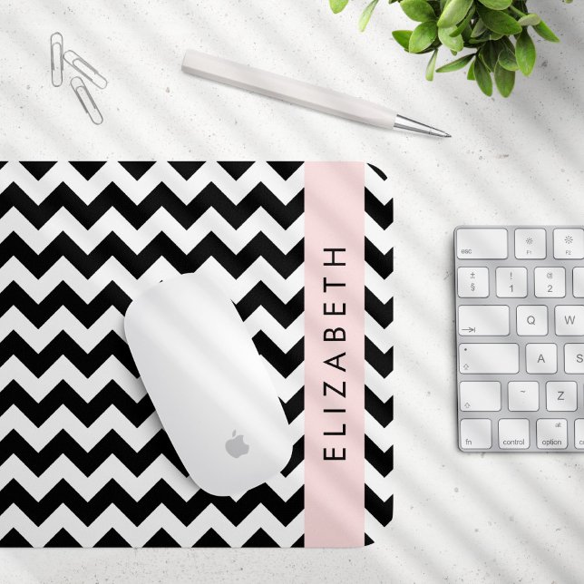 Black and White Zigzag, Chevron Pattern, Your Name Mouse Mat (Creator Uploaded)