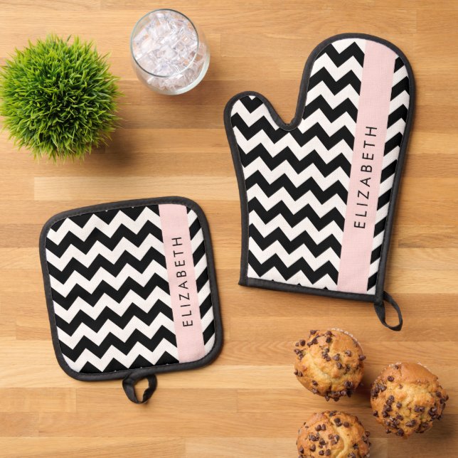 Black and White Zigzag, Chevron Pattern, Your Name Oven Mitt & Pot Holder Set (Top Down)
