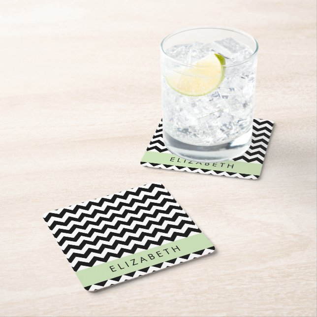 Black and White Zigzag, Chevron Pattern, Your Name Square Paper Coaster (Insitu)