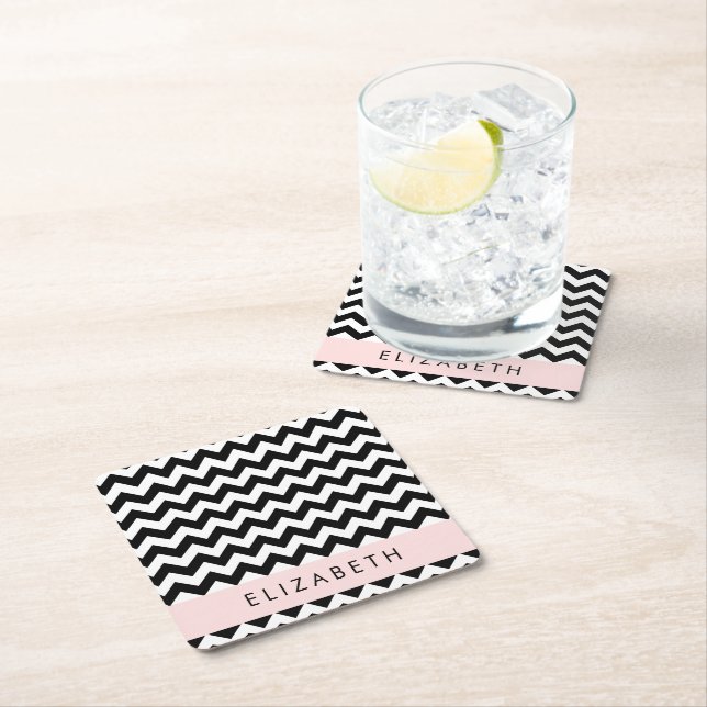 Black and White Zigzag, Chevron Pattern, Your Name Square Paper Coaster (Insitu)
