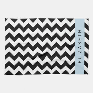 Black and White Zigzag, Chevron Pattern, Your Name Tea Towel