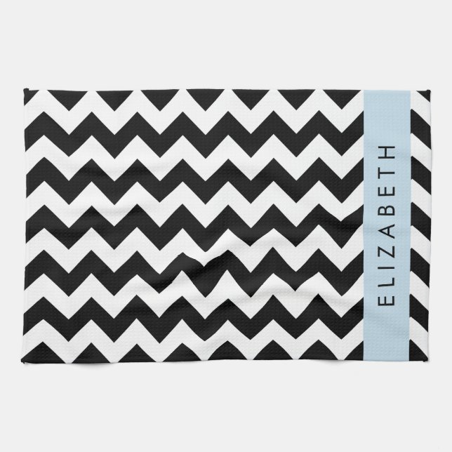 Black and White Zigzag, Chevron Pattern, Your Name Tea Towel (Horizontal)