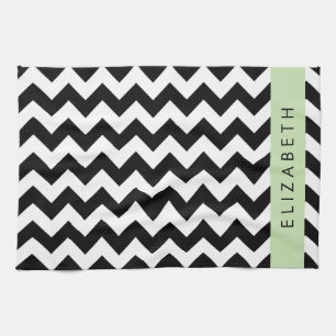 Black and White Zigzag, Chevron Pattern, Your Name Tea Towel