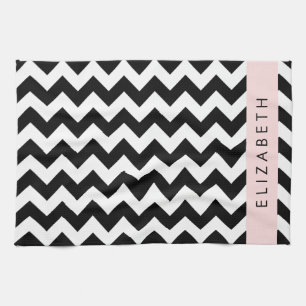 Black and White Zigzag, Chevron Pattern, Your Name Tea Towel