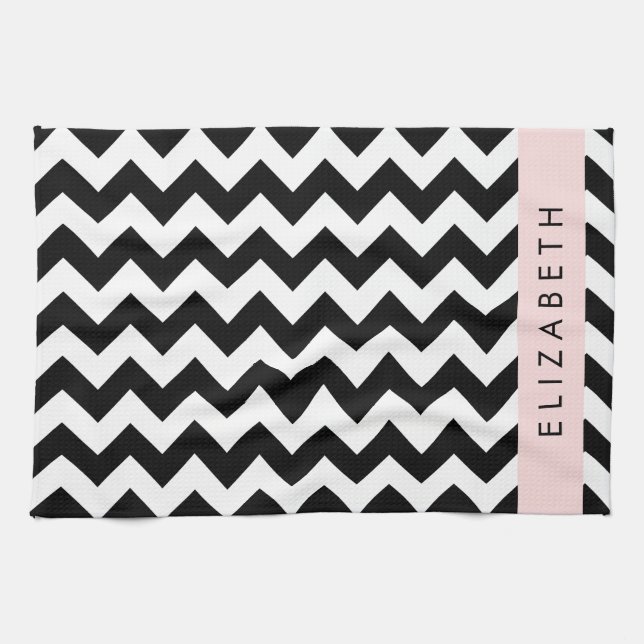 Black and White Zigzag, Chevron Pattern, Your Name Tea Towel (Horizontal)