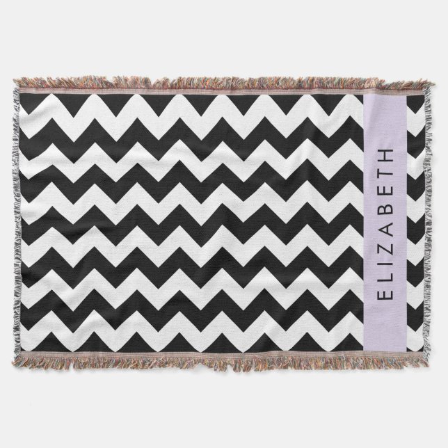Black and White Zigzag, Chevron Pattern, Your Name Throw Blanket (Front)