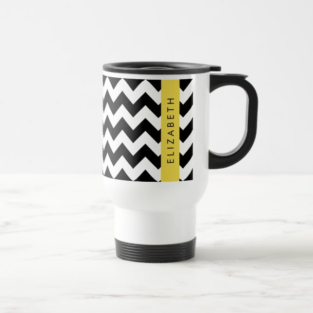Black and White Zigzag, Chevron Pattern, Your Name Travel Mug (Right)