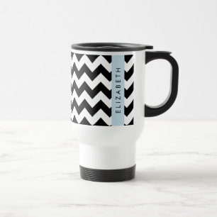 Black and White Zigzag, Chevron Pattern, Your Name Travel Mug