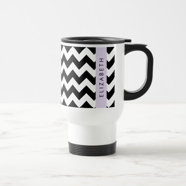 Black and White Zigzag, Chevron Pattern, Your Name Travel Mug (Right)