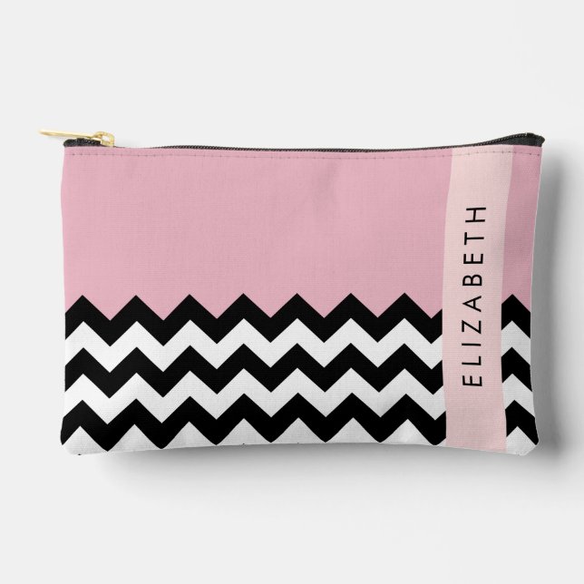 Black and White Zigzag, Chevron, Pink, Your Name Accessory Pouch (Front)