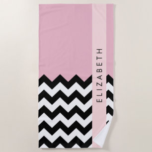 Black and White Zigzag, Chevron, Pink, Your Name Beach Towel
