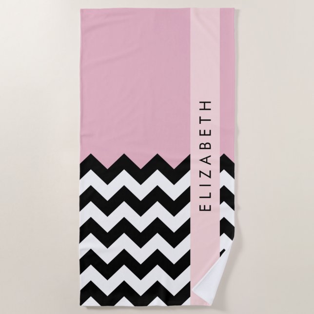 Black and White Zigzag, Chevron, Pink, Your Name Beach Towel (Front)