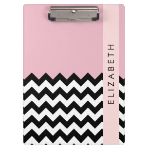 Black and White Zigzag, Chevron, Pink, Your Name Clipboard
