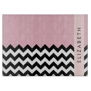 Black and White Zigzag, Chevron, Pink, Your Name Cutting Board
