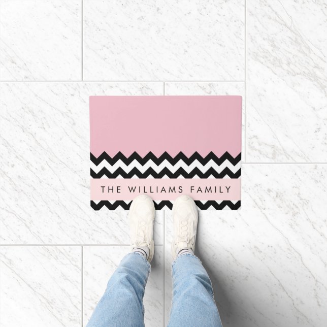 Black and White Zigzag, Chevron, Pink, Your Name Doormat (Indoor)