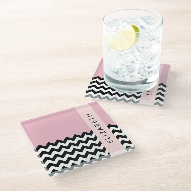 Black and White Zigzag, Chevron, Pink, Your Name Glass Coaster (Angled)