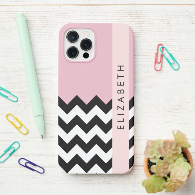 Black and White Zigzag, Chevron, Pink, Your Name iPhone Case (On Desk)