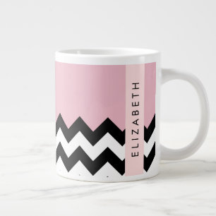 Black and White Zigzag, Chevron, Pink, Your Name Large Coffee Mug