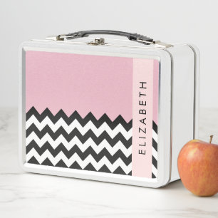 Black and White Zigzag, Chevron, Pink, Your Name Metal Lunch Box