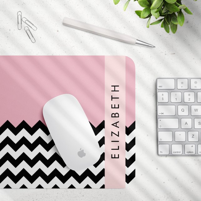 Black and White Zigzag, Chevron, Pink, Your Name Mouse Mat (Creator Uploaded)