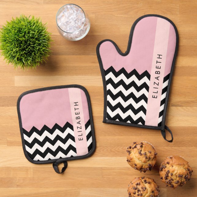 Black and White Zigzag, Chevron, Pink, Your Name Oven Mitt & Pot Holder Set (Top Down)