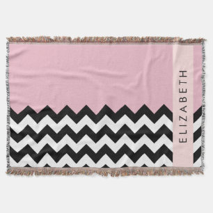 Black and White Zigzag, Chevron, Pink, Your Name Throw Blanket