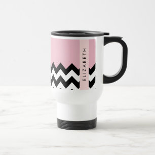 Black and White Zigzag, Chevron, Pink, Your Name Travel Mug
