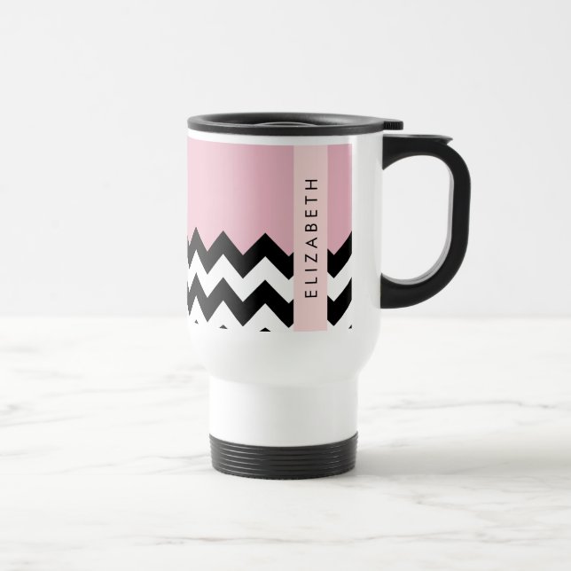 Black and White Zigzag, Chevron, Pink, Your Name Travel Mug (Right)