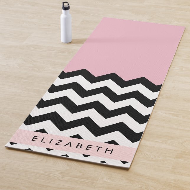 Black and White Zigzag, Chevron, Pink, Your Name Yoga Mat (In Situ)