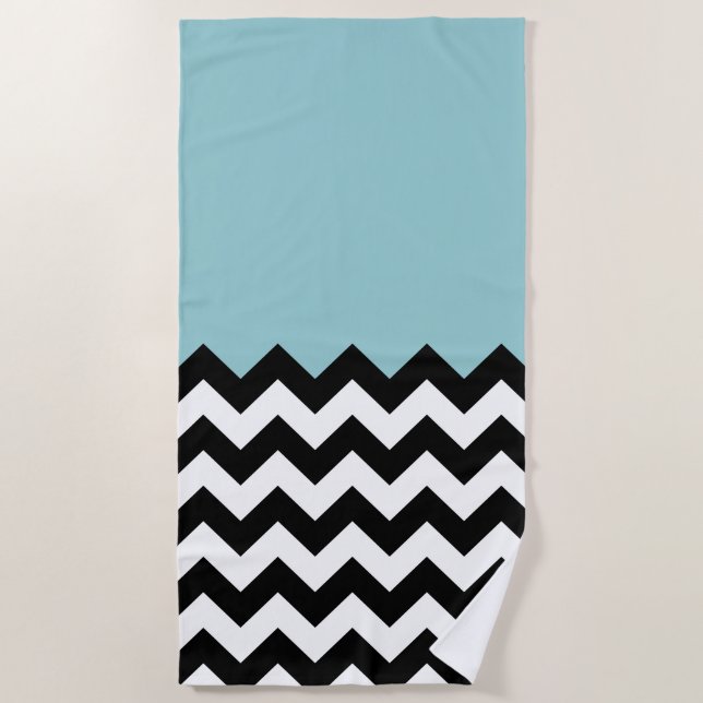 Black and White Zigzag Pattern, Chevron, Blue Beach Towel (Front)