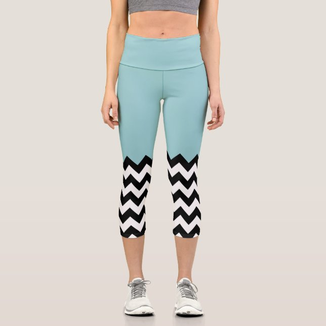 Black and White Zigzag Pattern, Chevron, Blue Capri Leggings (Front)