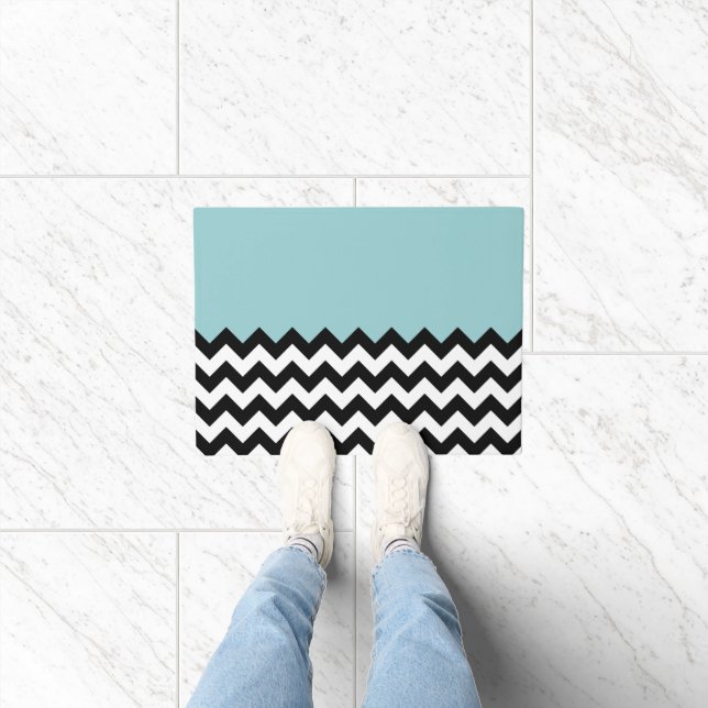 Black and White Zigzag Pattern, Chevron, Blue Doormat (Indoor)