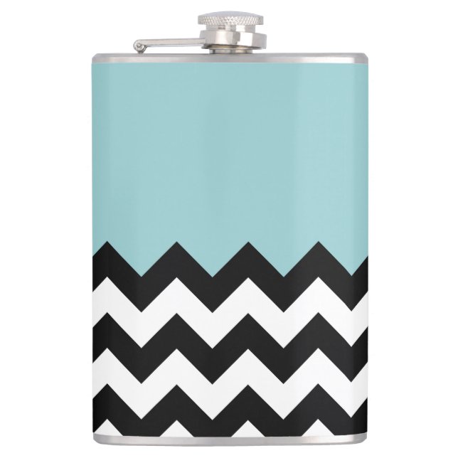 Black and White Zigzag Pattern, Chevron, Blue Hip Flask (Front)