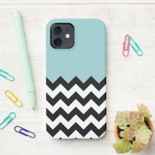 Black and White Zigzag Pattern, Chevron, Blue iPhone 12 Case