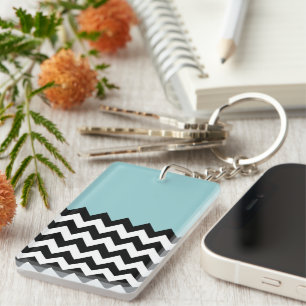 Black and White Zigzag Pattern, Chevron, Blue Key Ring