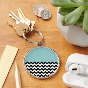 Black and White Zigzag Pattern, Chevron, Blue Key Ring