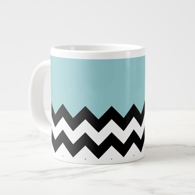 Black and White Zigzag Pattern, Chevron, Blue Large Coffee Mug (Front Left)