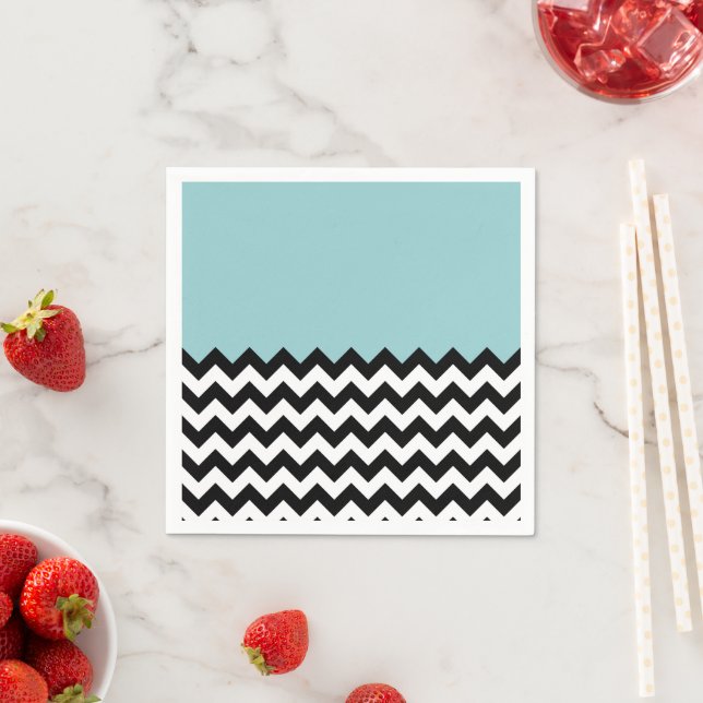 Black and White Zigzag Pattern, Chevron, Blue Napkin (Insitu)