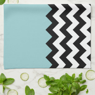 Black and White Zigzag Pattern, Chevron, Blue Tea Towel