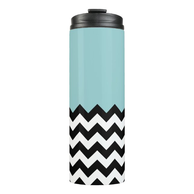 Black and White Zigzag Pattern, Chevron, Blue Thermal Tumbler (Front)